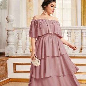 Off Shoulder Layered Ruffle Hem Dress with pearl details.